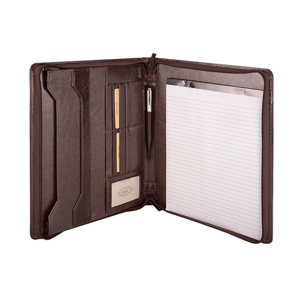 A4 Genuine Leather Zip Around Executive Folio Folder - Brown | Mirelle
