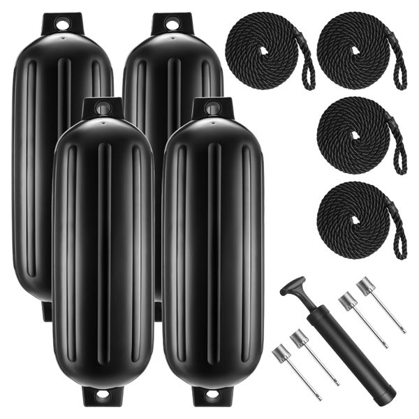 4 Pack 8.5x27 Inch Inflatable Boat Fenders with Ropes Pump for Boats