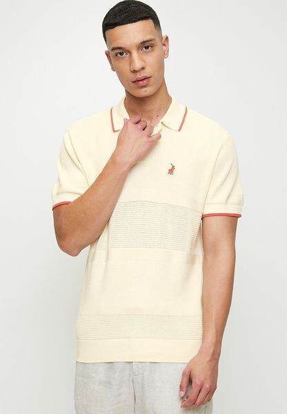 Polo Maddox Textured Tipped Knitted Short Sleeve Golfer - Stone