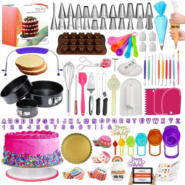700PC Cake Decorating Supplies Kit With Turntable,Piping Bags&amp;Tips,Leveler.