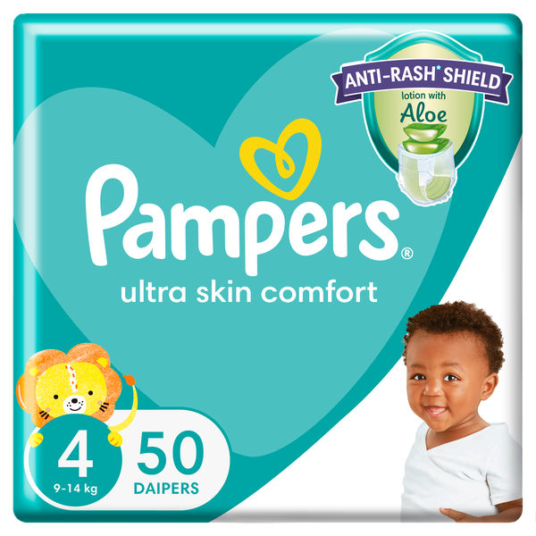 Pampers Anti-Rash Shield Taped Size 4 (9-14kg) 50 Nappies, Lotion With Aloe