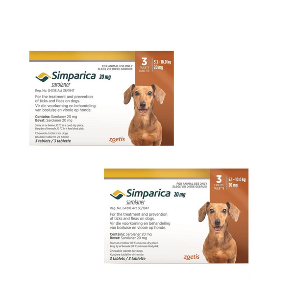 SIMPARICA 20mg -5.1-10.0kg 3 -Monthly Chewable Tick &amp; Flea Tablets - 2 Pack