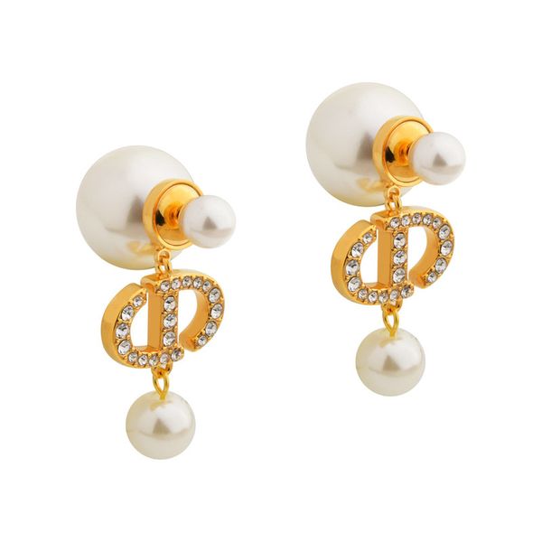 R0007 Gold Tassel CD Letter Pearl Stud Earrings