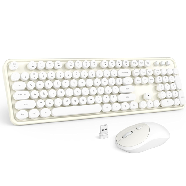 Minimalist Wireless Keyboard Combo - Milk White, Round Keys, 2-in-1 Dongle