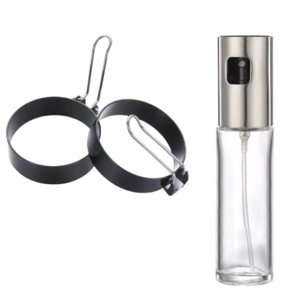 2 Fried Egg Rings With Oil Spray Bottle Set