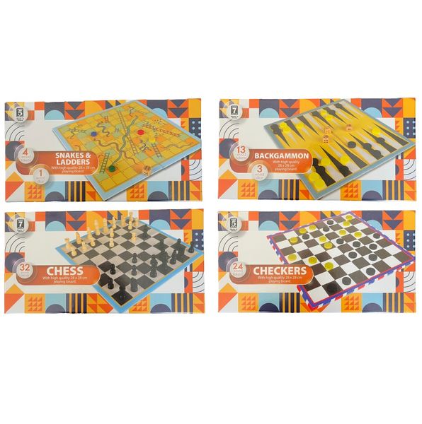 Snakes &amp; Ladders, Chess, Backgammon &amp; Checkers Game Set (Wood Pieces)