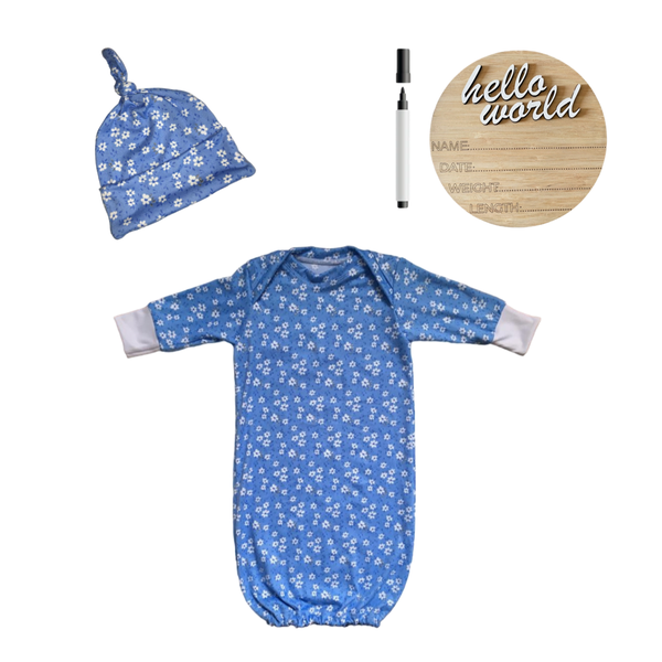 New Born Sleeping Bag, Hat and Birth Announcement-Hello World-Blue Flowers
