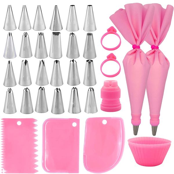 Piping Bags With Nozzles - 2 Pink Reusable Pastry Bags Icing &amp; Accessories