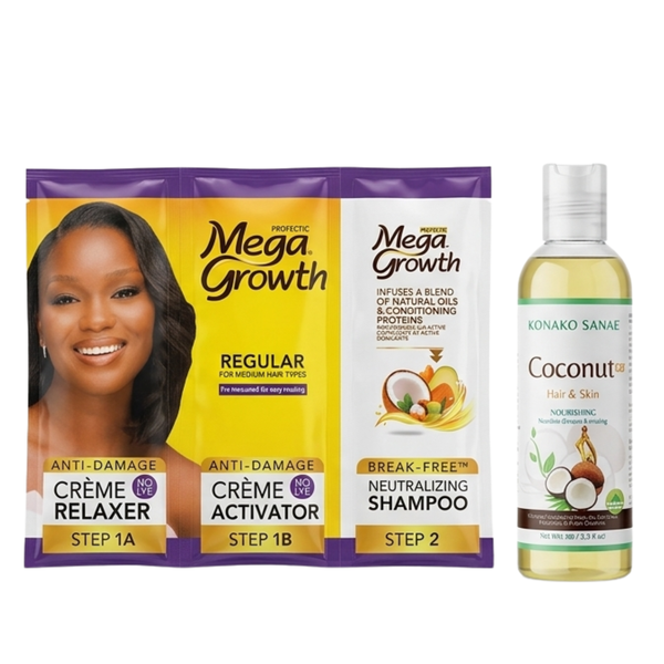 Mega Growth Relaxer, Activator, Shampoo Treatment Creams &amp; Coconut Oil -Set