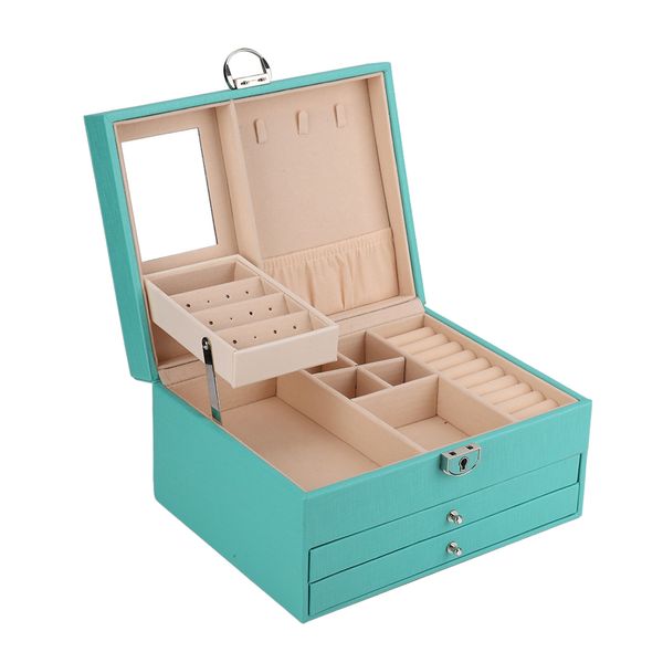 Lockable Multi-Layer PU Jewelry Storage Box for Travel &amp; Home - Mint Green