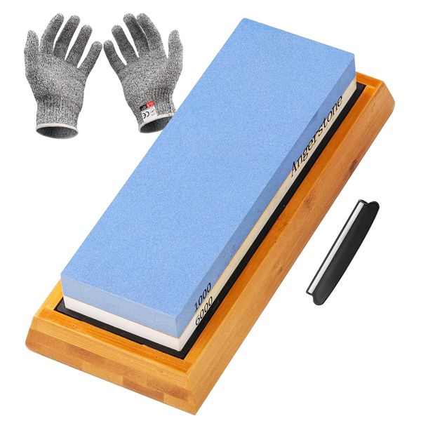 2 Sided Knife Sharpening Whetstone 1000/6000 Grit with Cut-resistant gloves