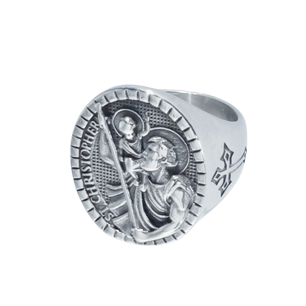 High Grade Stainless Steel Signet Ring with St Christopher logo