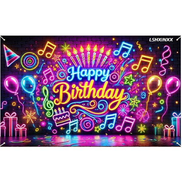 Neon Happy Birthday Banner Backdrop Music Party 71 x 43 inch