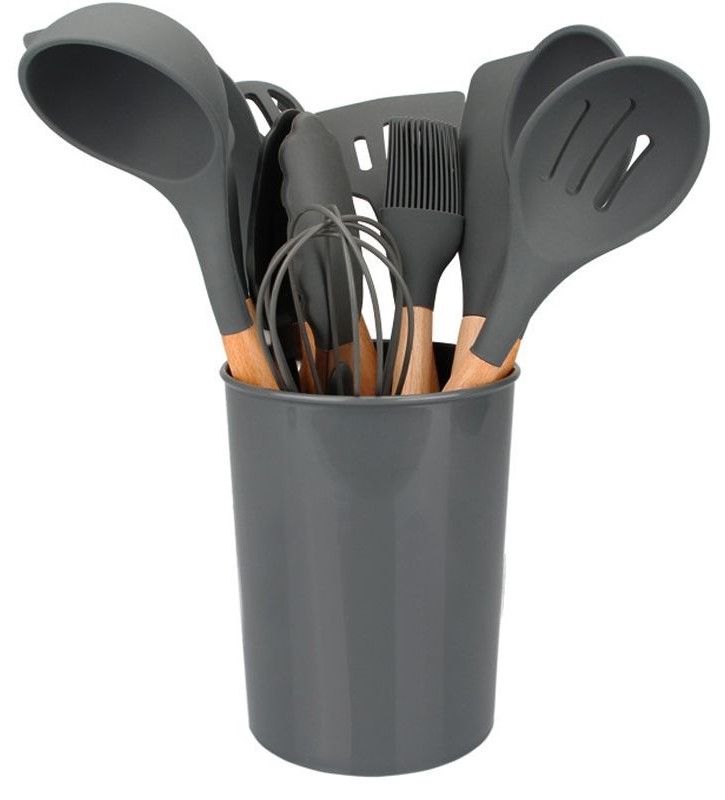 12 Pieces NonStick Silicon & Wooden Handle Kitchen Utensil Set Grey