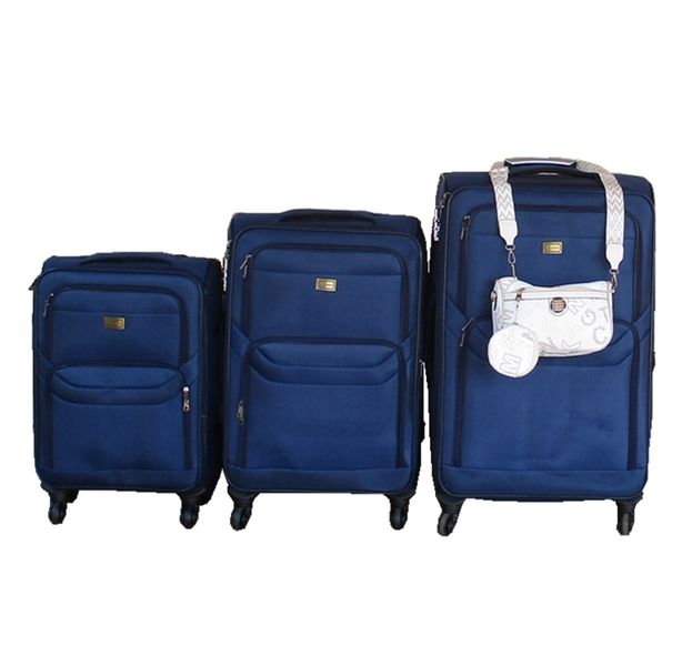 3-Piece Navy Fabric Spinner Luggage Set with White Crossbody Bag