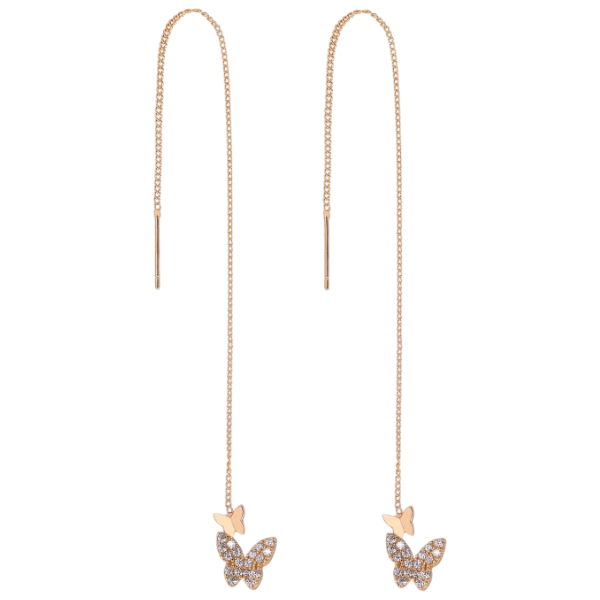 Elegant Gold Butterfly Threader Earrings With Rhinestone Accents - Gold