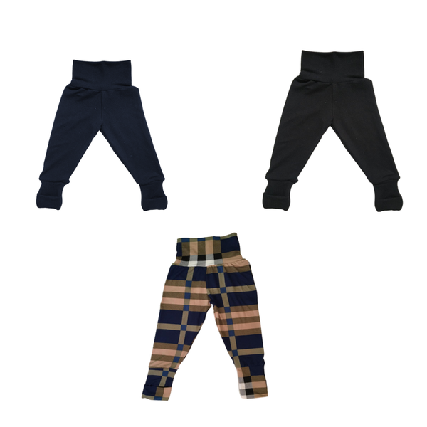 Baby Toddler Pants -3 Pack- Fold Over Cuffs - Navy, Black, Checkered
