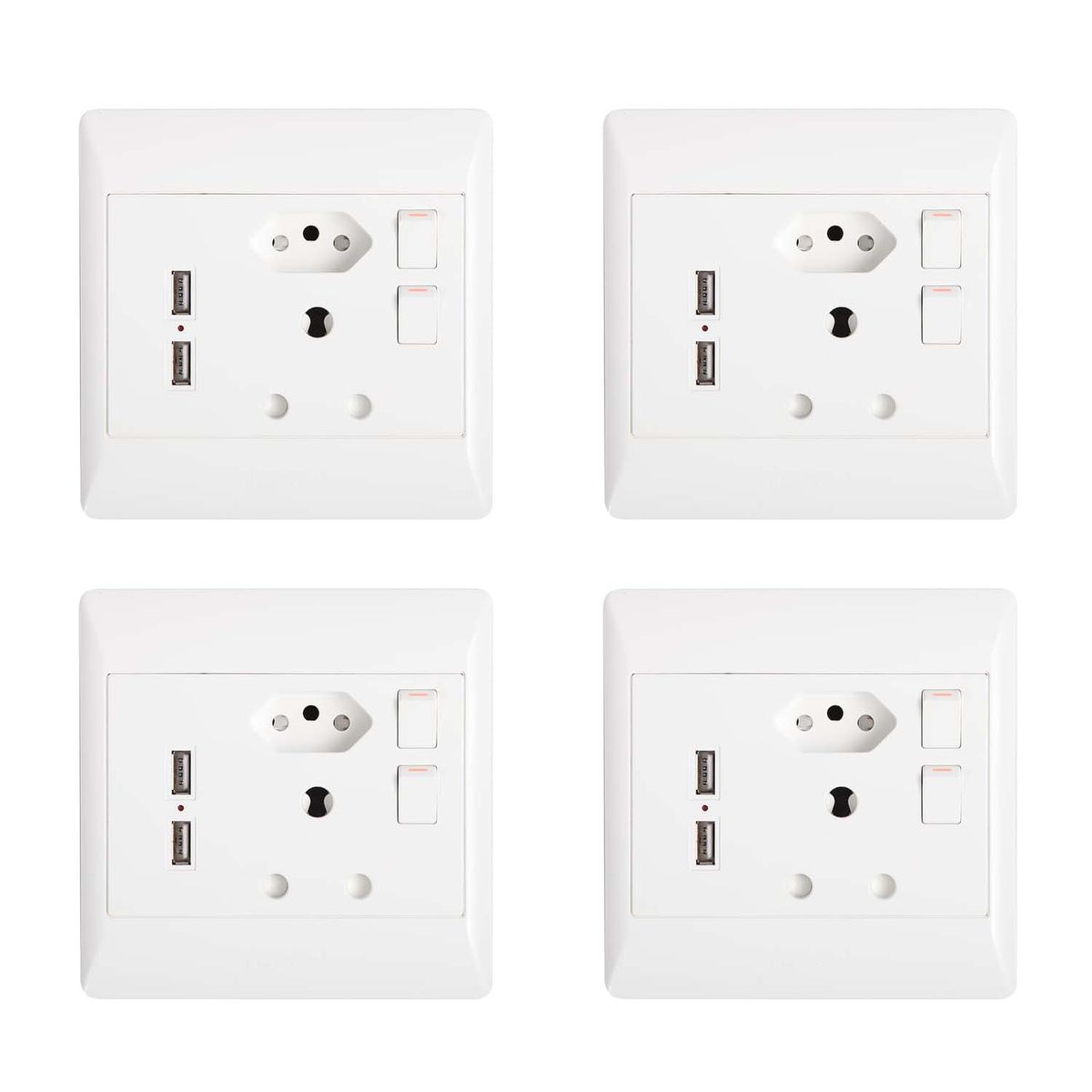 Set Of 4 Double Wall Sockets 1 x 3 & 1 x 2 Point With 2 USB ports