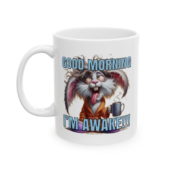 Rabbit Mug - Rabbit Holding Cup With GOOD MORNING I'M AWAKE Text