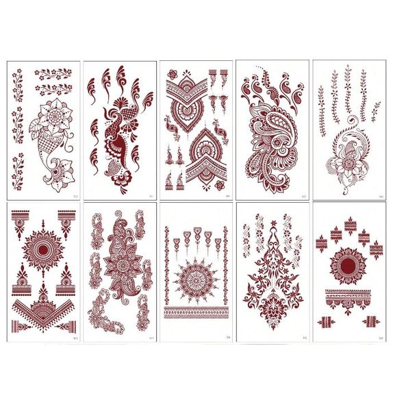 10 Piece Vintage Floral Henna Temporary Tattoo Sticker Set - Red