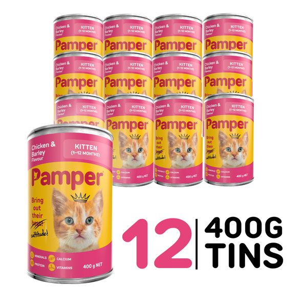 Pamper Kitten Wet Cat Food Tins Chicken &amp; Barley (12 x 400g)