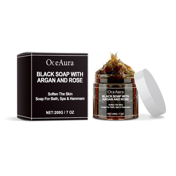 OceAura Black Soap with Argan &amp; Rose, 200g | Bath &amp; Hammam Cleanser