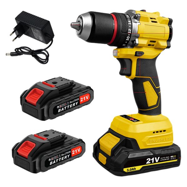21V Brushless Cordless Yellow Drill Driver 75Nm with 21 Clutch &amp; 2Batteries