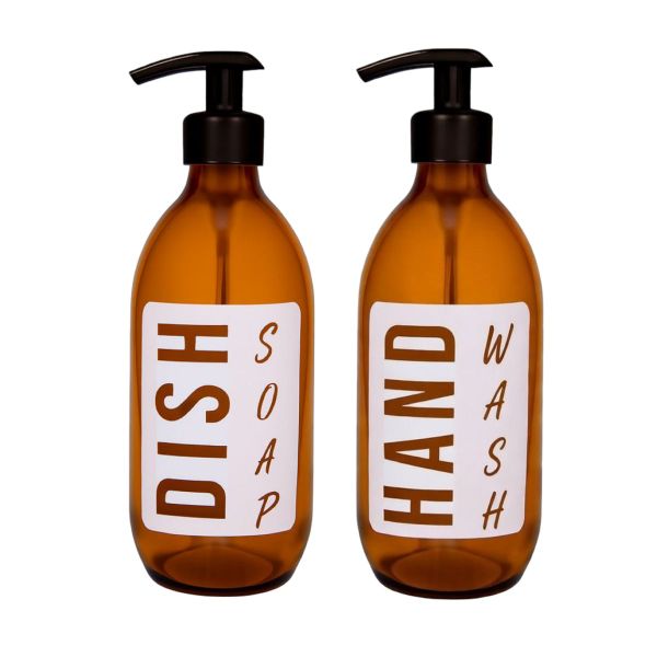 500ml Amber Refillable Glass Dish Soap &amp; Hand Wash Dispenser -2 Pack Sqaure