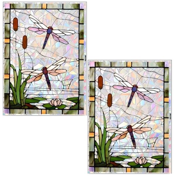 Decor Rectangular Stained Glass Window Film Sticker Dragon Fly (40cm) 2 Piece