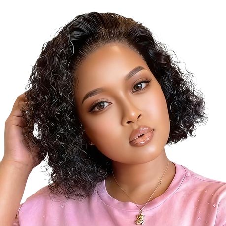 Deer 12Inch Short Curly Glueless Wigs 13x4 Water Wave Full Frontal Bob Wig Image