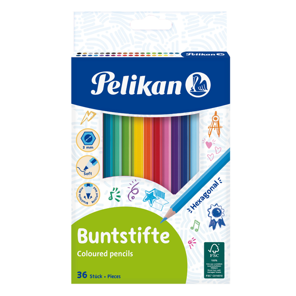 Pelikan Hexagonal Colour Pencils, 3mm Lead, 36 Bright Assorted Colours