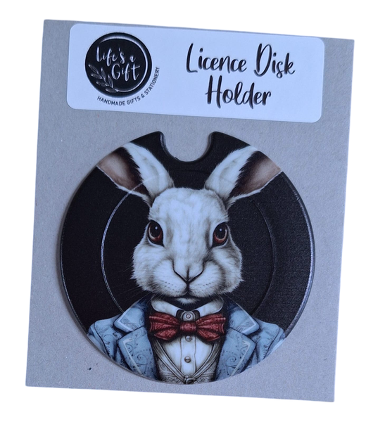 Licence Disk Holder - White Bunny &amp; Red Bow Tie