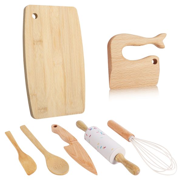 7 Piece Wooden Kids Knife Set Toddler Montessori Safe Kitchen Cooking Tools