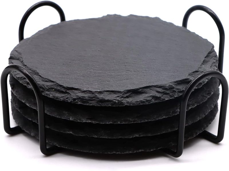 Slate Coasters, Round Black Stone Drink Coasters, 4-Pack with Holder
