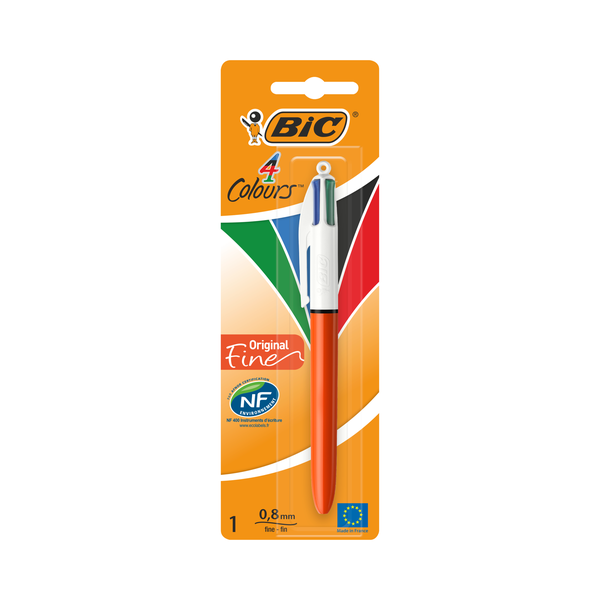 BIC 4 Colours Original Fine, Retractable Ballpoint Pen, Ideal for School, Fine Point (0.8mm)