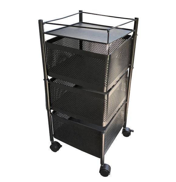 3-Tier Metal Kitchen Bathroom Storage Trolley with Swivel Racks and Wheels