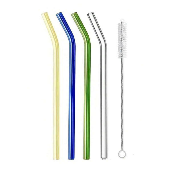 Multicolour 19cm Reusable Glass Straws Set with Brush - Set of 4