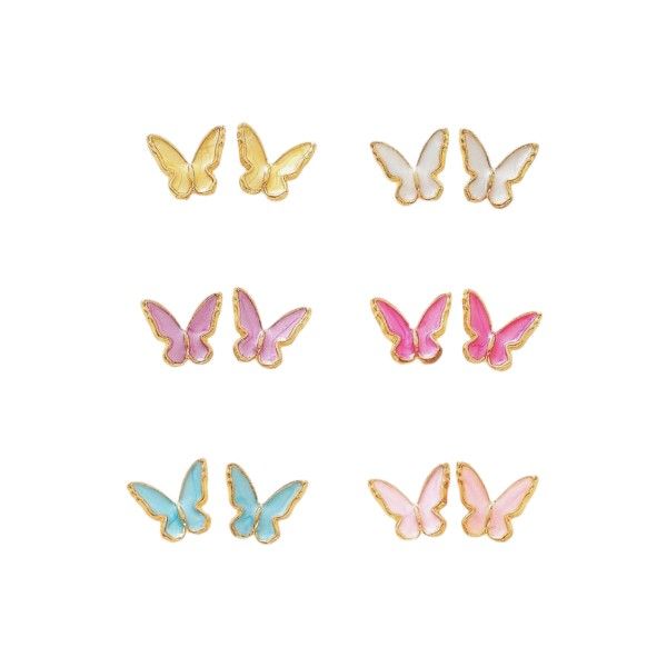 6 Pairs - Butterfly Stud Earring Set With Multicolored Enamel Finish - Gold
