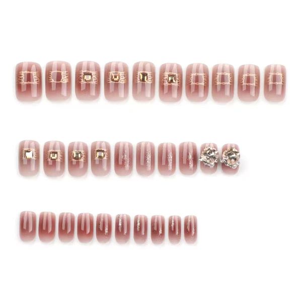 French Pink Blush Gradient Nail Art, 3D Rhinestone Fashion False Nails