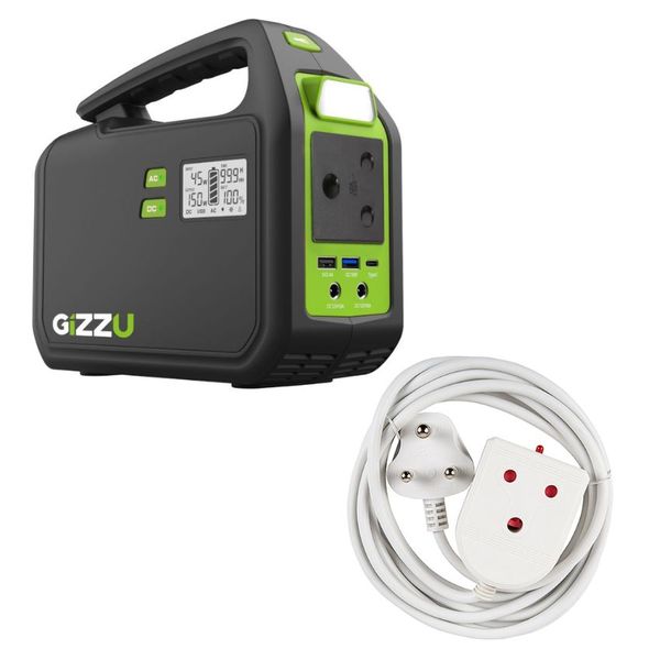Gizzu - 155Wh Portable Power Station &amp; 3m Heavy Duty Extension Lead (White)