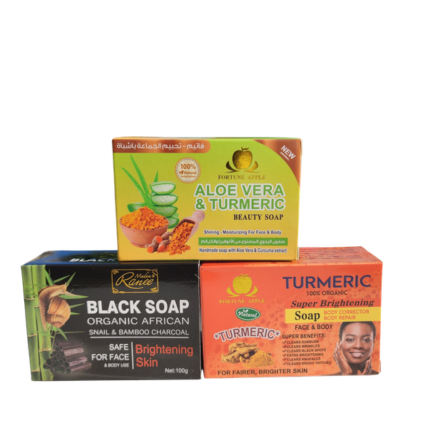(Pack of 3) 100% Organic Aloe Vera Soap, Tumeric Soap &amp; African Black Soap