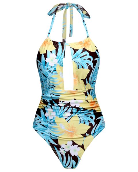 Olive Tree-Ladies One Piece Tummy Control 2-Way Swimsuit-Blue Yellow