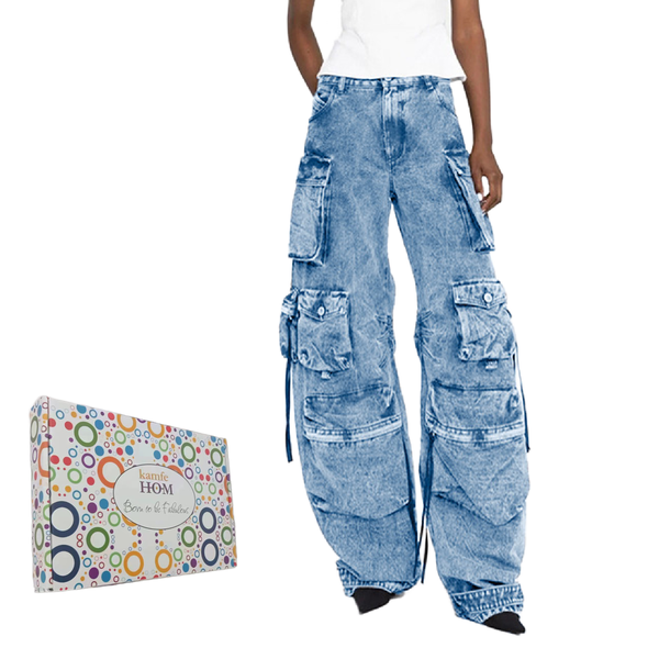 KAMFE HOM Splicing Multi-Pocket Overalls Street Long Wide Leg Denim Pants