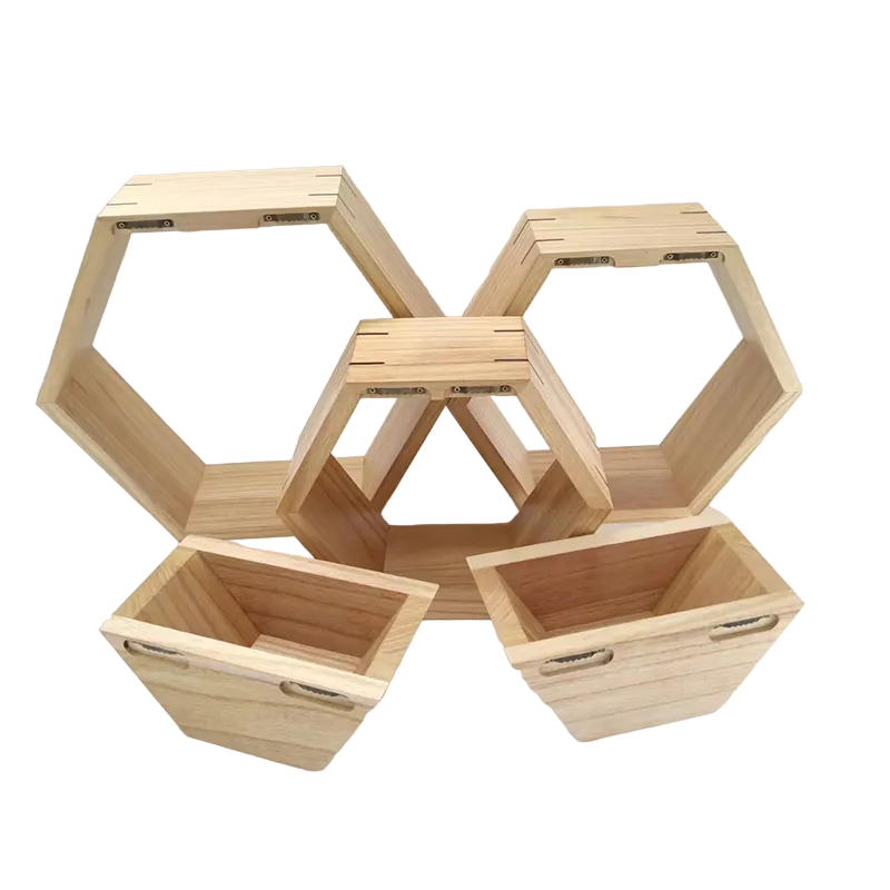 Hexagon Shelves Set of 3 With 2 Wooden Flower Pots- Natural Wood Color