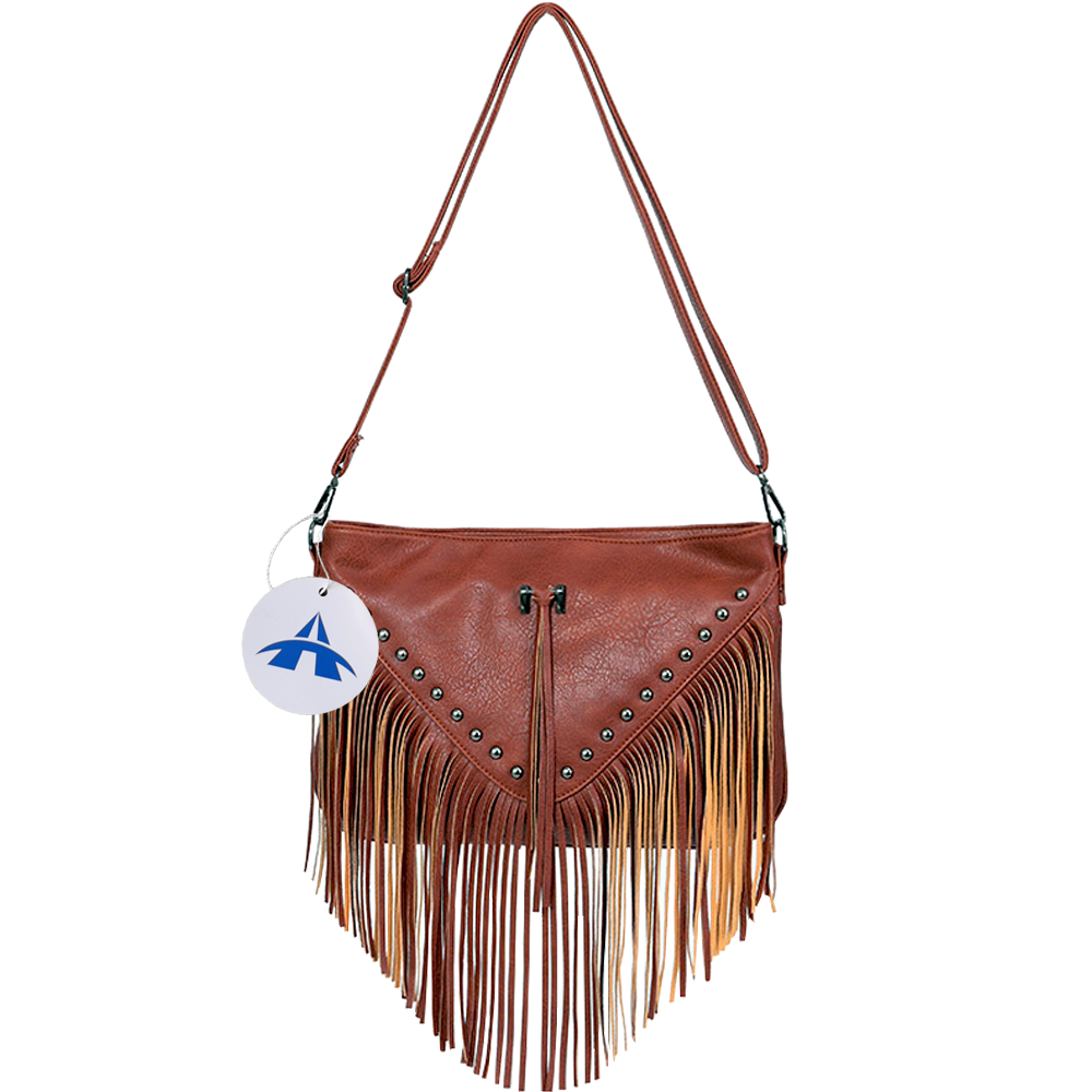 Rivet Fringe Tassel Bag PU Leather Shoulder Crossbody Bag-Brown
