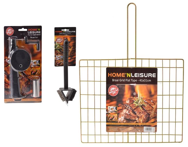 BBQ Grill Cleaner 37cm 3 In 1 + Metal Braai Flat With Handle 41x31cm - Non Folding + BBQ Fan