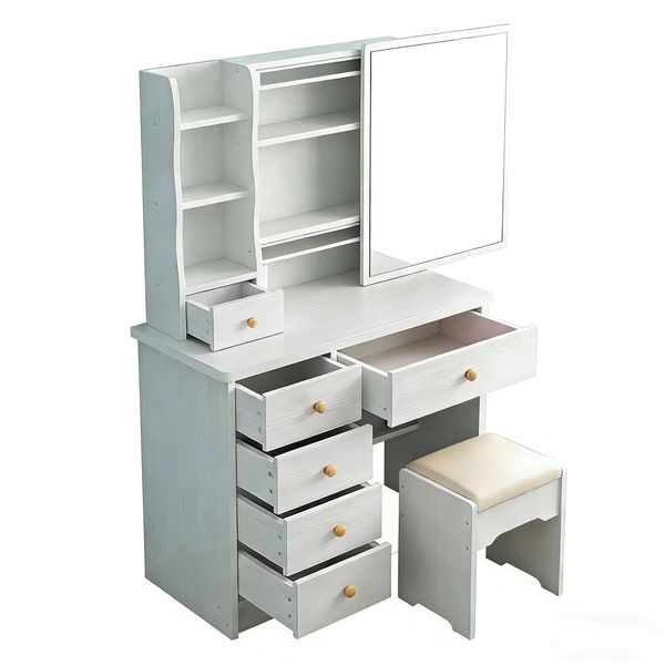 White Dressing Table, Makeup Table Set With Storage Drawers And Chairs