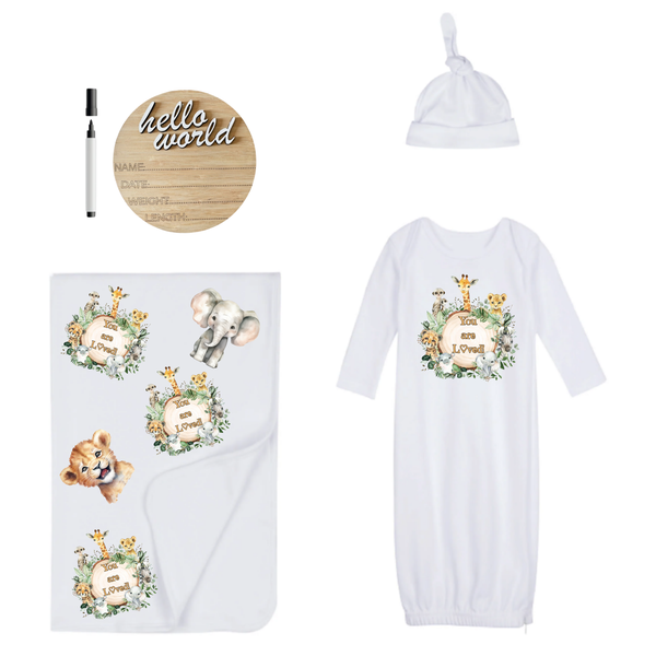 New Born-Sleeping Bag,Swaddle,Hat&amp;Birth Announce-Hello World-You Are Loved