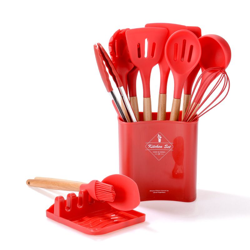 13 Pieces Of NonStick Silicone Kitchen Utensils Set With Holder Red