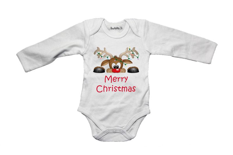 Merry Christmas - Peeking Reindeer! - Long Sleeve - Baby Grow